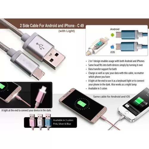 2 side cable for Android and iPhone with Light C49